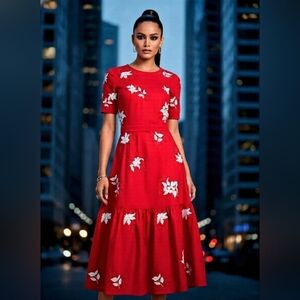 Fanm Mon Red Floral Midi Dress MSRP$399